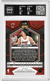 Jaime Jaquez Jr. from the 2023-24 Panini Mosaic set featuring a Gold Mosaic parallel graded by Arena Club and given an overall grade of 9.
