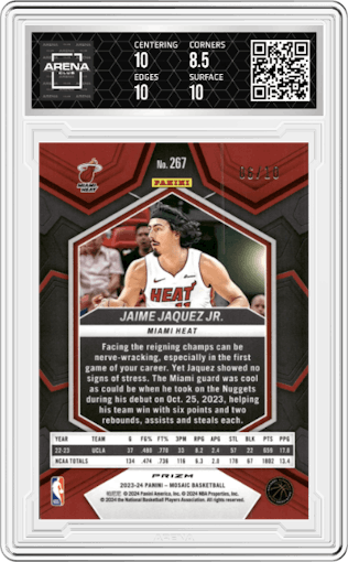 Jaime Jaquez Jr. from the 2023-24 Panini Mosaic set featuring a Gold Mosaic parallel graded by Arena Club and given an overall grade of 9.