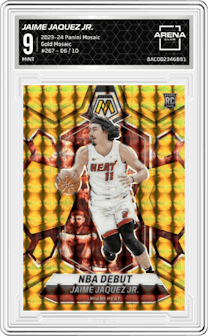 Jaime Jaquez Jr. from the 2023-24 Panini Mosaic set featuring a Gold Mosaic parallel graded by Arena Club and given an overall grade of 9.