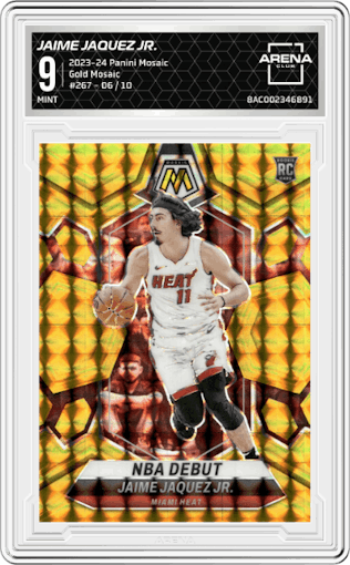 Jaime Jaquez Jr. from the 2023-24 Panini Mosaic set featuring a Gold Mosaic parallel graded by Arena Club and given an overall grade of 9.