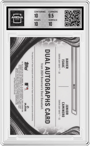 Xavier Isaac/Junior Caminero from the 2024 Bowman's Best set featuring a Gold Refractors parallel graded by Arena Club and given an overall grade of 10.