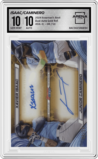 Xavier Isaac/Junior Caminero from the 2024 Bowman's Best set featuring a Gold Refractors parallel graded by Arena Club and given an overall grade of 10.
