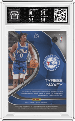 Tyrese Maxey from the 2020-21 Panini Spectra set graded by Arena Club and given an overall grade of 9.