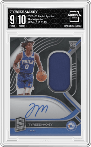 Tyrese Maxey from the 2020-21 Panini Spectra set graded by Arena Club and given an overall grade of 9.