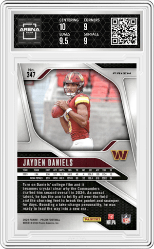 Jayden Daniels from the 2024 Panini Prizm set featuring a Disco parallel graded by Arena Club and given an overall grade of 9.5.