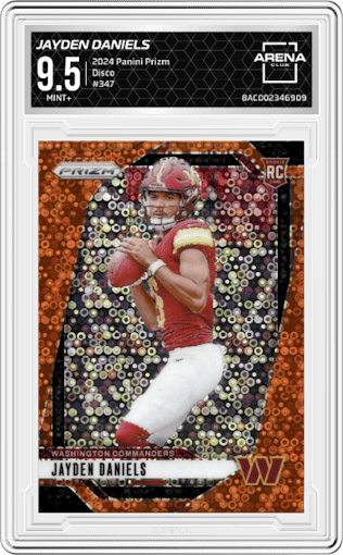 Jayden Daniels from the 2024 Panini Prizm set featuring a Disco parallel graded by Arena Club and given an overall grade of 9.5.