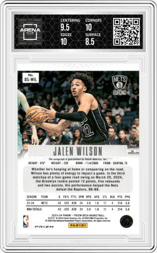 Jalen Wilson from the 2023-24 Panini Prizm Deca set featuring a Gold parallel graded by Arena Club and given an overall grade of 9.