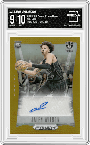 Jalen Wilson from the 2023-24 Panini Prizm Deca set featuring a Gold parallel graded by Arena Club and given an overall grade of 9.