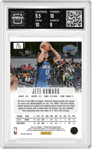 Jett Howard from the 2023-24 Panini Prizm Deca set featuring a FOTL Black Gold Shimmer Prizm  parallel graded by Arena Club and given an overall grade of 9.5.