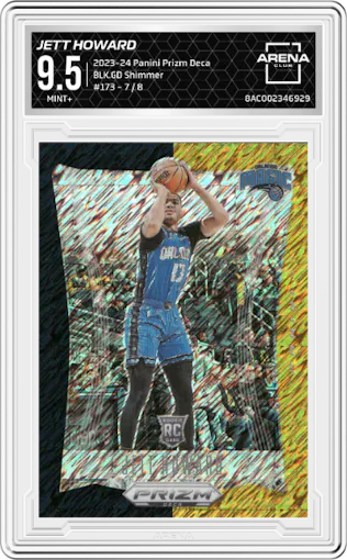 Jett Howard from the 2023-24 Panini Prizm Deca set featuring a FOTL Black Gold Shimmer Prizm  parallel graded by Arena Club and given an overall grade of 9.5.