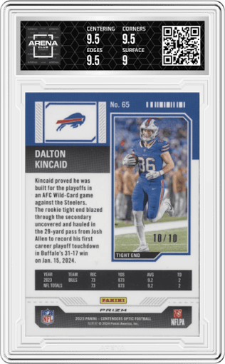 Dalton Kincaid from the 2023 Panini Contenders Optic set featuring a Gold parallel graded by Arena Club and given an overall grade of 9.5.