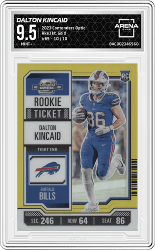 Dalton Kincaid from the 2023 Panini Contenders Optic set featuring a Gold parallel graded by Arena Club and given an overall grade of 9.5.