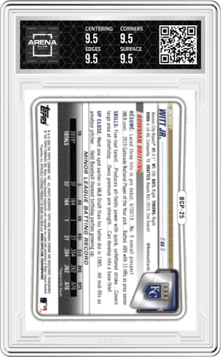 Bobby Witt Jr. from the 2020 Bowman Sapphire Edition set graded by Arena Club and given an overall grade of 9.5.