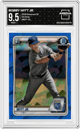 Bobby Witt Jr. from the 2020 Bowman Sapphire Edition set graded by Arena Club and given an overall grade of 9.5.
