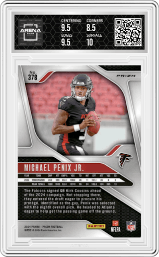 Michael Penix Jr. from the 2024 Panini Prizm set featuring a Silver Prizm parallel graded by Arena Club and given an overall grade of 9.