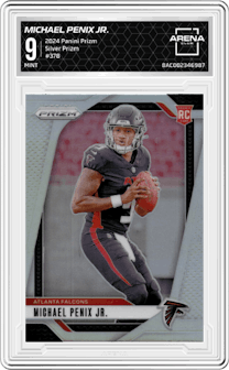 Michael Penix Jr. from the 2024 Panini Prizm set featuring a Silver Prizm parallel graded by Arena Club and given an overall grade of 9.
