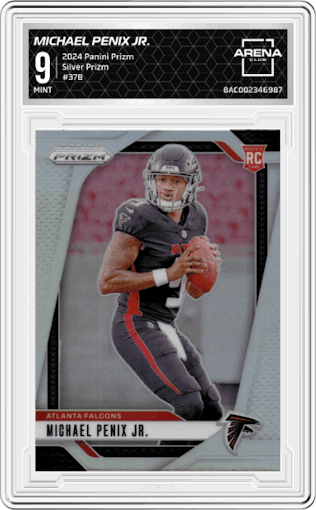 Michael Penix Jr. from the 2024 Panini Prizm set featuring a Silver Prizm parallel graded by Arena Club and given an overall grade of 9.