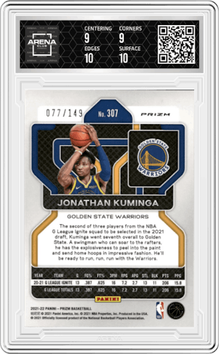  Jonathan Kuminga  from the 2021-22 Panini Prizm  set featuring a Purple Ice parallel graded by Arena Club and given an overall grade of 9.5.