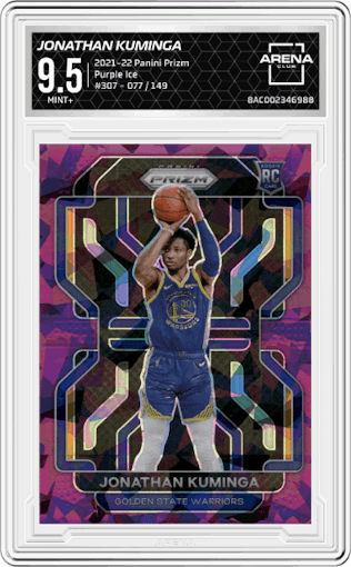  Jonathan Kuminga  from the 2021-22 Panini Prizm  set featuring a Purple Ice parallel graded by Arena Club and given an overall grade of 9.5.