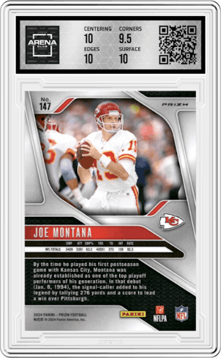 Joe Montana from the 2024 Panini Prizm set featuring a White Sparkle parallel graded by Arena Club and given an overall grade of 10.