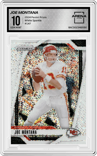 Joe Montana from the 2024 Panini Prizm set featuring a White Sparkle parallel graded by Arena Club and given an overall grade of 10.