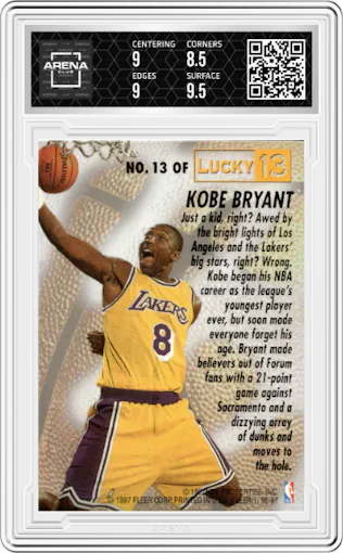 Kobe Bryant from the 1996-97 Fleer set graded by Arena Club and given an overall grade of 9.