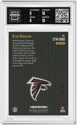 Bijan Robinson from the 2023 Panini Select set featuring a Tie-Dye parallel graded by Arena Club and given an overall grade of 8.5.