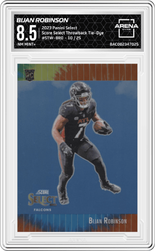 Bijan Robinson from the 2023 Panini Select set featuring a Tie-Dye parallel graded by Arena Club and given an overall grade of 8.5.
