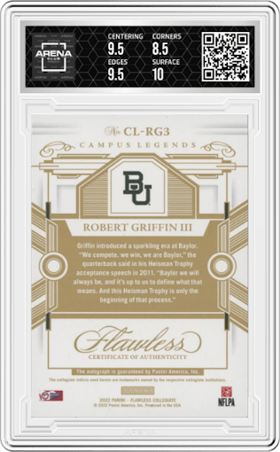 Robert Griffin III from the 2022 Panini Flawless Collegiate set graded by Arena Club and given an overall grade of 9.