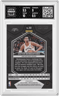 Victor Wembanyama from the 2023-24 Panini Mosaic set featuring a Ice Mosaic parallel graded by Arena Club and given an overall grade of 9.