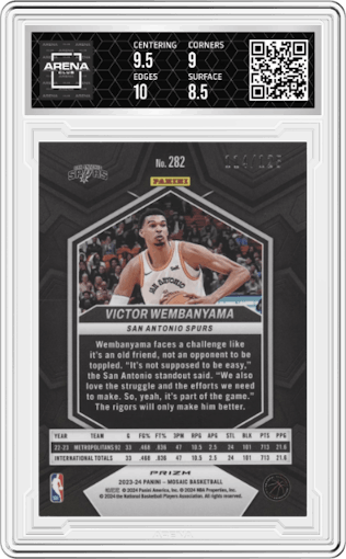 Victor Wembanyama from the 2023-24 Panini Mosaic set featuring a Ice Mosaic parallel graded by Arena Club and given an overall grade of 9.