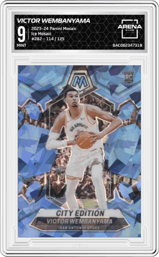 Victor Wembanyama from the 2023-24 Panini Mosaic set featuring a Ice Mosaic parallel graded by Arena Club and given an overall grade of 9.