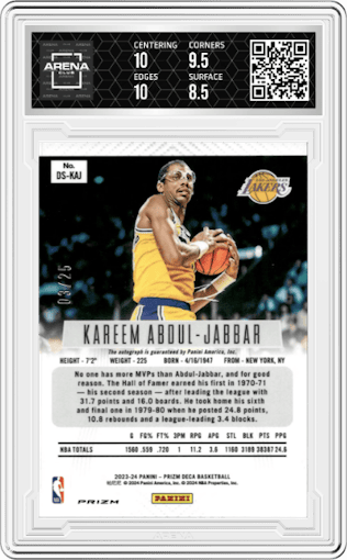 Kareem Abdul-Jabbar from the 2023-24 Panini Prizm Deca set featuring a Mojo parallel graded by Arena Club and given an overall grade of 9.