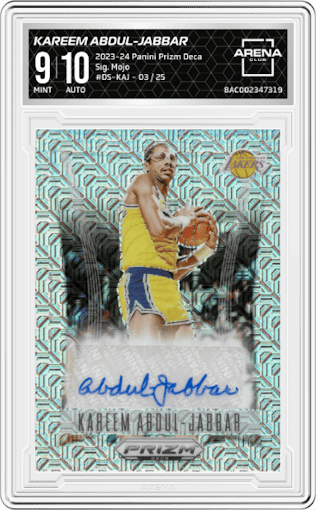 Kareem Abdul-Jabbar from the 2023-24 Panini Prizm Deca set featuring a Mojo parallel graded by Arena Club and given an overall grade of 9.