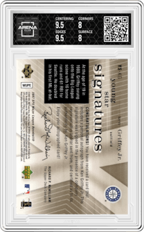 Ken Griffey Jr. from the 2007 SPx set graded by Arena Club and given an overall grade of 8.5.