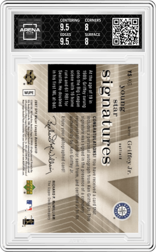 Ken Griffey Jr. from the 2007 SPx set graded by Arena Club and given an overall grade of 8.5.
