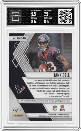 Tank Dell from the 2023 Panini Phoenix set featuring a Gold Super Prime parallel graded by Arena Club and given an overall grade of 8.5.