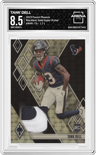 Tank Dell from the 2023 Panini Phoenix set featuring a Gold Super Prime parallel graded by Arena Club and given an overall grade of 8.5.