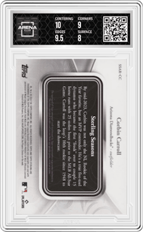 Corbin Carroll from the 2024 Topps Sterling set featuring a Blue parallel graded by Arena Club and given an overall grade of 8.5.