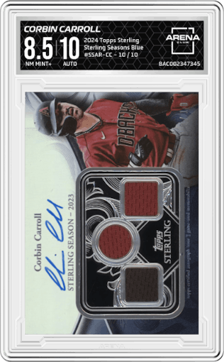Corbin Carroll from the 2024 Topps Sterling set featuring a Blue parallel graded by Arena Club and given an overall grade of 8.5.