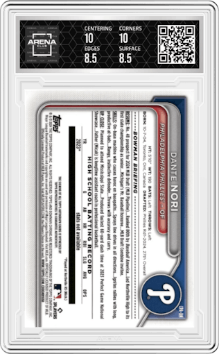 Dante Nori from the 2024 Bowman Draft set featuring a Blue Refractor parallel graded by Arena Club and given an overall grade of 9.