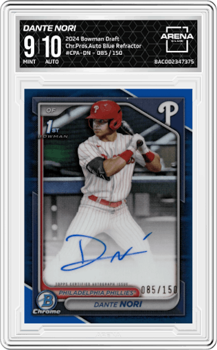 Dante Nori from the 2024 Bowman Draft set featuring a Blue Refractor parallel graded by Arena Club and given an overall grade of 9.