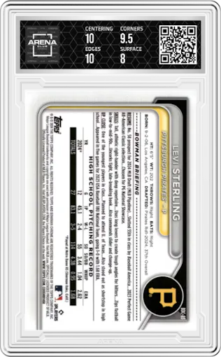 Levi Sterling  from the 2024 Bowman Draft set featuring a Black Refractor parallel graded by Arena Club and given an overall grade of 8.5.