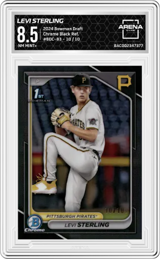 Levi Sterling  from the 2024 Bowman Draft set featuring a Black Refractor parallel graded by Arena Club and given an overall grade of 8.5.