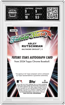 Adley Rutschman from the 2024 Topps Chrome Update set graded by Arena Club and given an overall grade of 9.5.