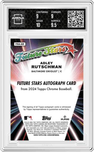 Adley Rutschman from the 2024 Topps Chrome Update set graded by Arena Club and given an overall grade of 9.5.
