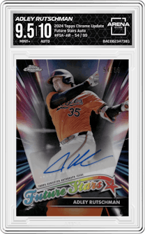 Adley Rutschman from the 2024 Topps Chrome Update set graded by Arena Club and given an overall grade of 9.5.