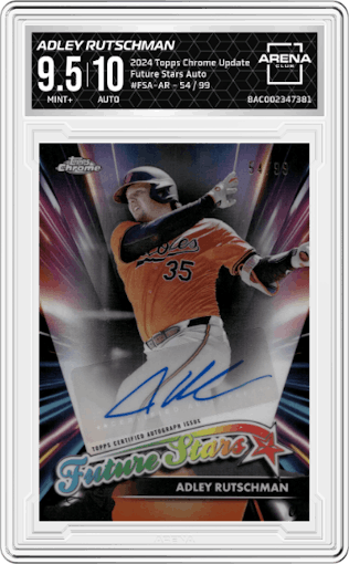 Adley Rutschman from the 2024 Topps Chrome Update set graded by Arena Club and given an overall grade of 9.5.