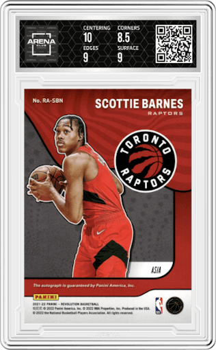 Scottie Barnes from the 2021-22 Panini Revolution  set featuring a Asia parallel graded by Arena Club and given an overall grade of 9.