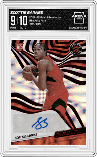 Scottie Barnes from the 2021-22 Panini Revolution  set featuring a Asia parallel graded by Arena Club and given an overall grade of 9.